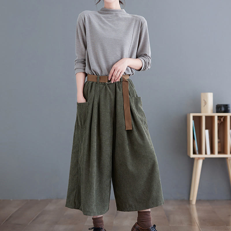 Pantalon en velours côtelé rétro Buddha Stones pour femme, jambes larges, longueur 7-8, avec poches et ceinture. - image 13