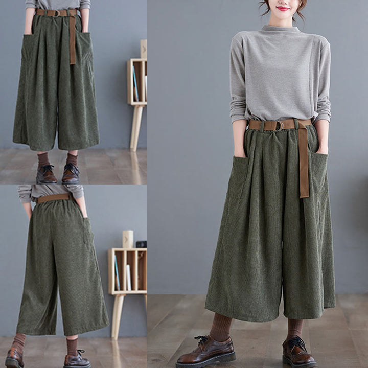 Pantalon en velours côtelé rétro Buddha Stones pour femme, jambes larges, longueur 7-8, avec poches et ceinture. - image 15