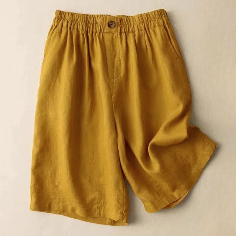 Short d'été décontracté en coton et lin uni à boutons pour femme, avec poches, motif Buddha Stones - verge d'or - US8-10, UK/AU12-14, EU40-42 (3XL) - image 2