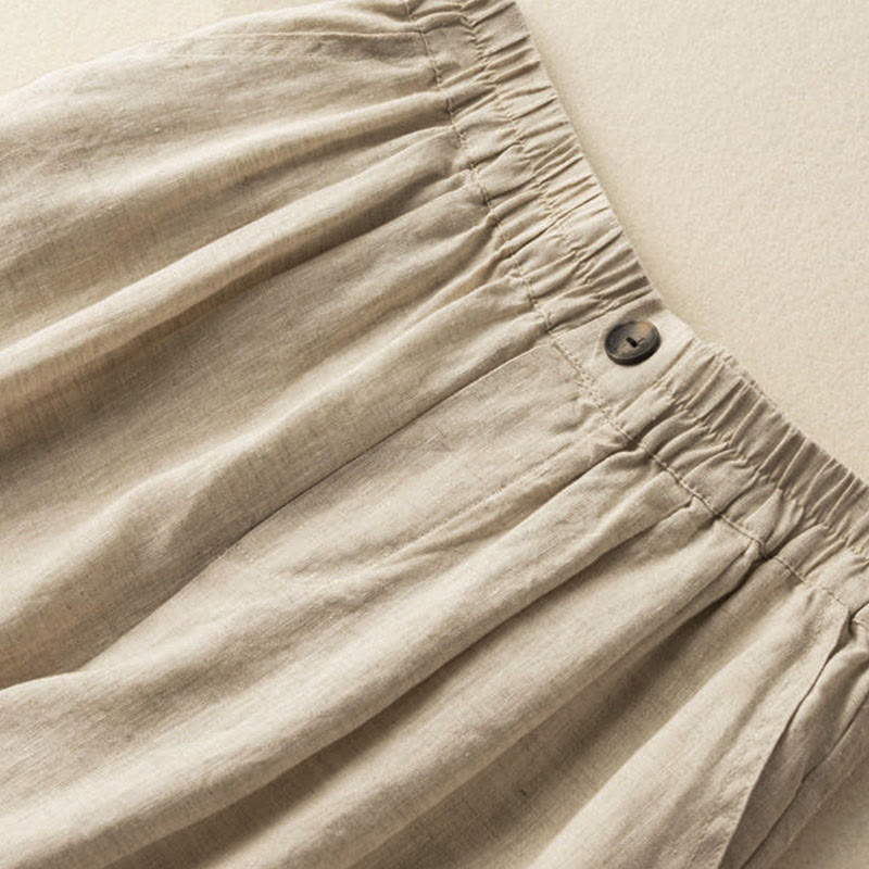 Short d'été décontracté en coton et lin avec poches pour femme, style Buddha Stones, uni, avec fermeture éclair et boutons - image 8