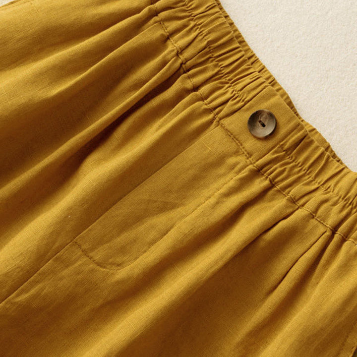 Short d'été décontracté en coton et lin avec poches pour femme, style Buddha Stones, uni, avec fermeture éclair et boutons - image 4