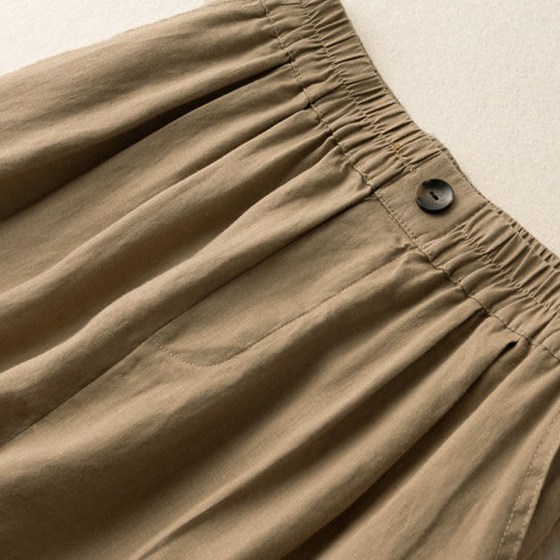 Short d'été décontracté en coton et lin avec poches pour femme, style Buddha Stones, uni, avec fermeture éclair et boutons - image 2