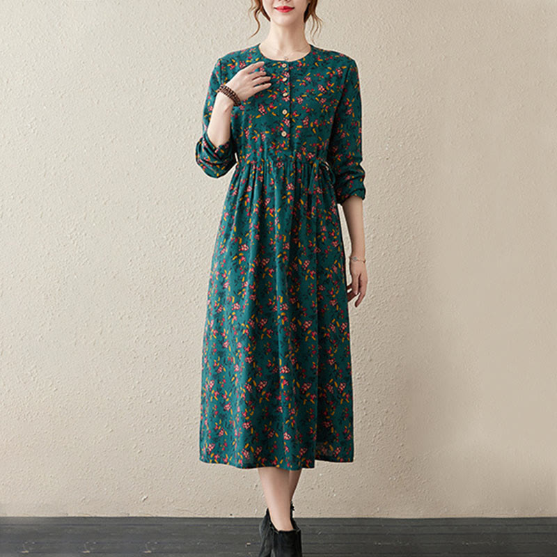 Robe midi à manches longues, imprimée de motifs floraux et de Buddha Stones, avec boutons et poches - image 7