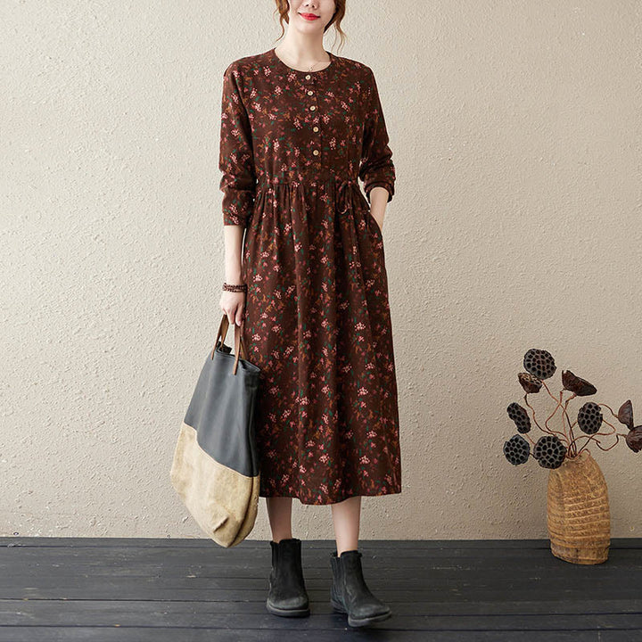 Robe midi à manches longues, imprimée de motifs floraux et de Buddha Stones, avec boutons et poches - SaddleBrown - US12，UK/AU16，EU44 (3XL) - image 0