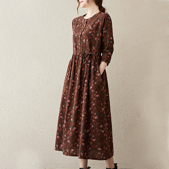 Robe midi à manches longues, imprimée de motifs floraux et de Buddha Stones, avec boutons et poches - image 3