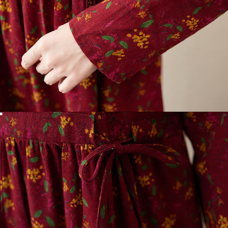 Robe mi-longue en coton et lin avec poches, imprimé ethnique à Buddha Stones et manches longues, boutons - image 18