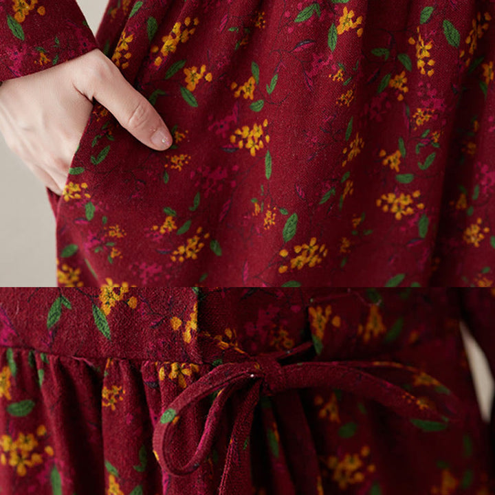 Robe mi-longue en coton et lin avec poches, imprimé ethnique à Buddha Stones et manches longues, boutons - image 19