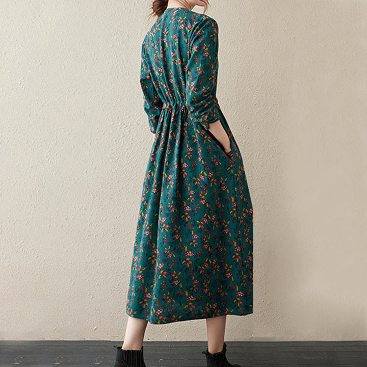 Robe mi-longue en coton et lin avec poches, imprimé ethnique à Buddha Stones et manches longues, boutons - image 9