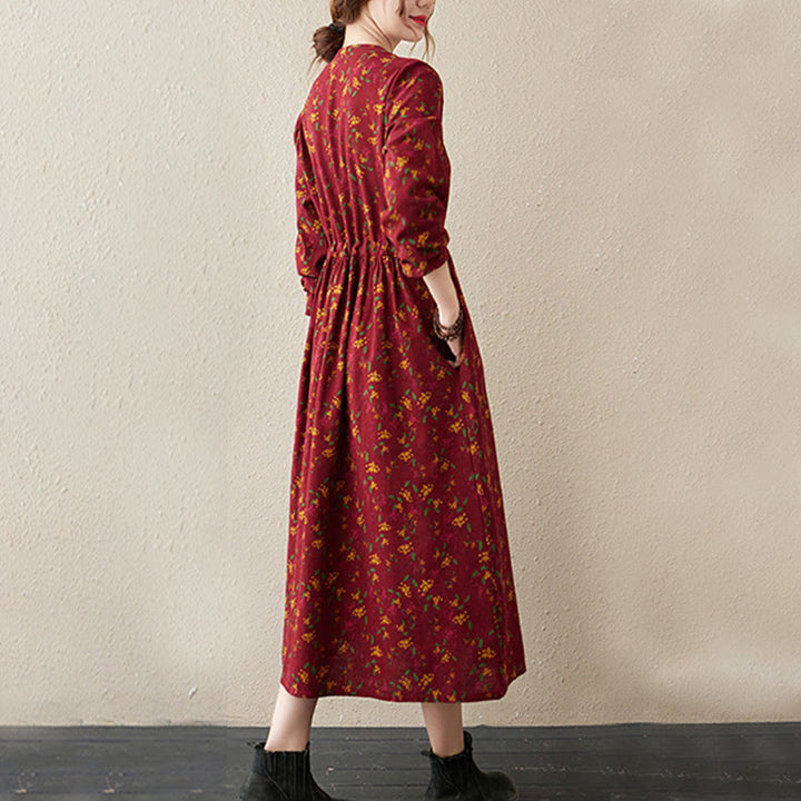 Robe midi à manches longues, imprimée de motifs floraux et de Buddha Stones, avec boutons et poches - image 13