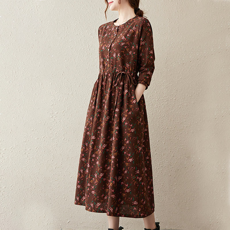 Robe midi à manches longues, imprimée de motifs floraux et de Buddha Stones, avec boutons et poches - image 3