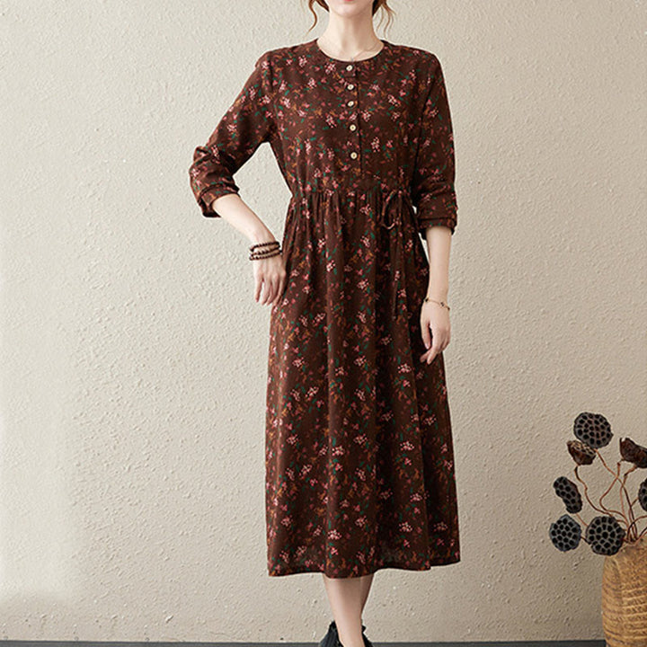 Robe midi à manches longues, imprimée de motifs floraux et de Buddha Stones, avec boutons et poches - image 2