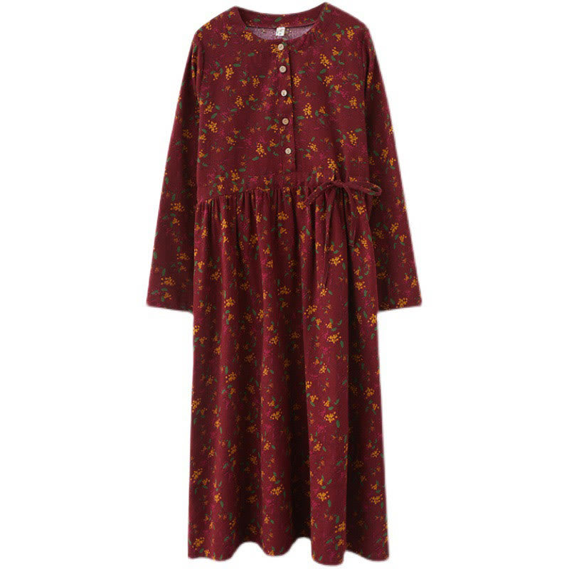 Robe mi-longue en coton et lin avec poches, imprimé ethnique à Buddha Stones et manches longues, boutons - image 21