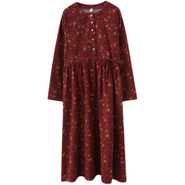 Robe mi-longue en coton et lin avec poches, imprimé ethnique à Buddha Stones et manches longues, boutons - image 21