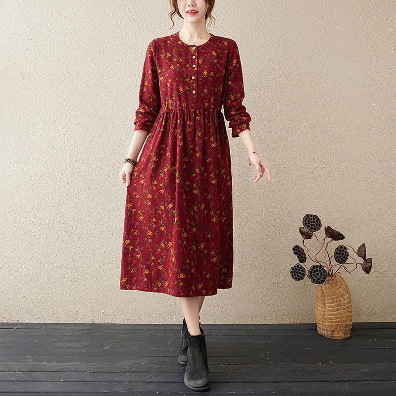 Robe midi à manches longues, imprimée de motifs floraux et de Buddha Stones, avec boutons et poches - FireBrick - US12，UK/AU16，EU44 (3XL) - image 10