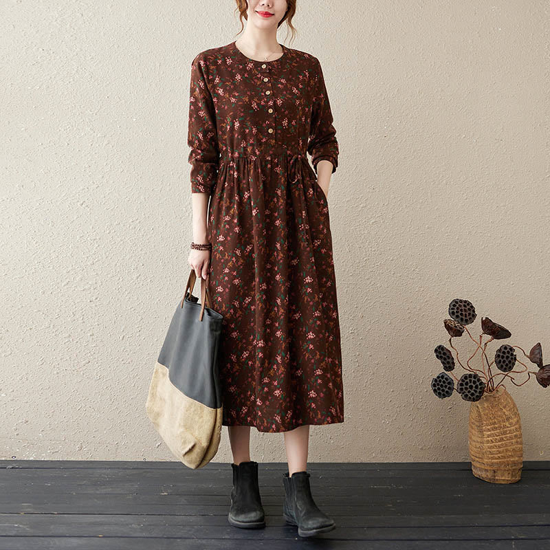 Robe midi à manches longues, imprimée de motifs floraux et de Buddha Stones, avec boutons et poches - SaddleBrown - US12，UK/AU16，EU44 (3XL) - image 0