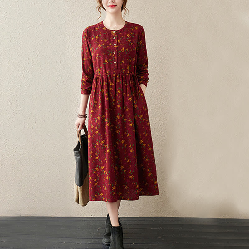 Robe midi à manches longues, imprimée de motifs floraux et de Buddha Stones, avec boutons et poches - image 14