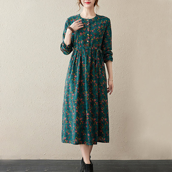 Robe midi à manches longues, imprimée de motifs floraux et de Buddha Stones, avec boutons et poches - image 7
