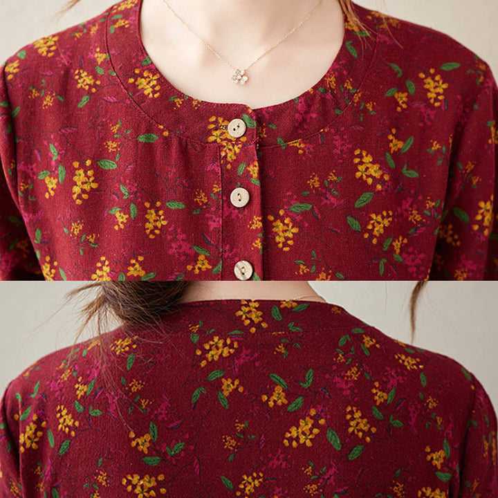 Robe midi à manches longues, imprimée de motifs floraux et de Buddha Stones, avec boutons et poches - image 16