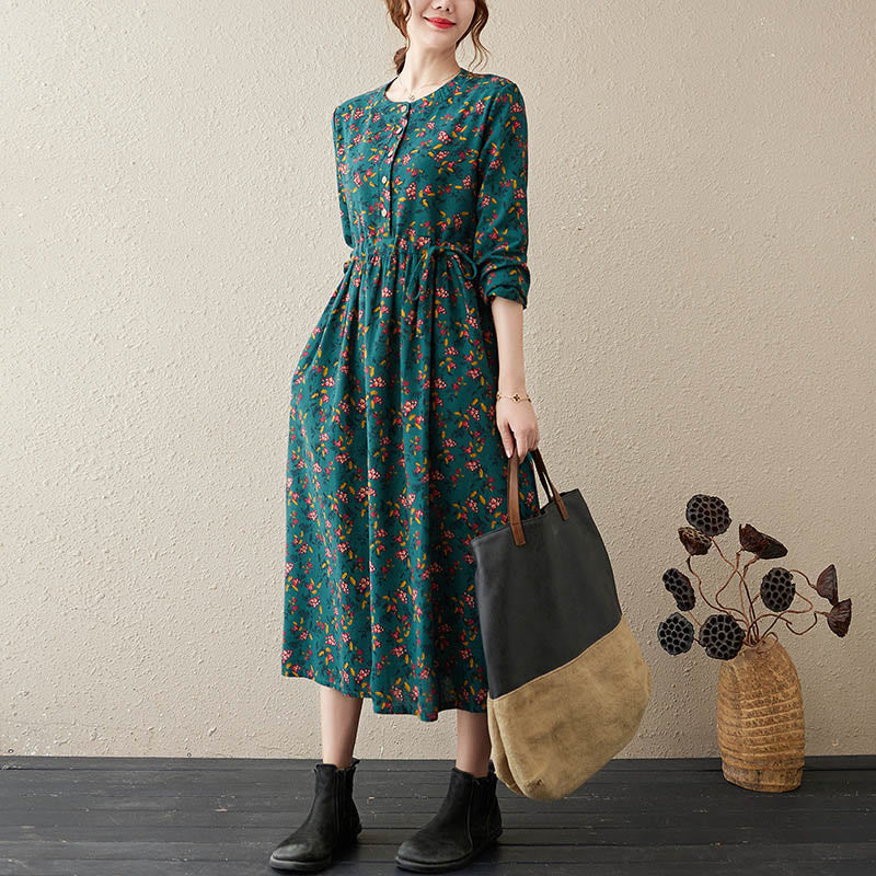 Robe midi à manches longues, imprimée de motifs floraux et de Buddha Stones, avec boutons et poches - DarkCyan - US12，UK/AU16，EU44 (3XL) - image 5