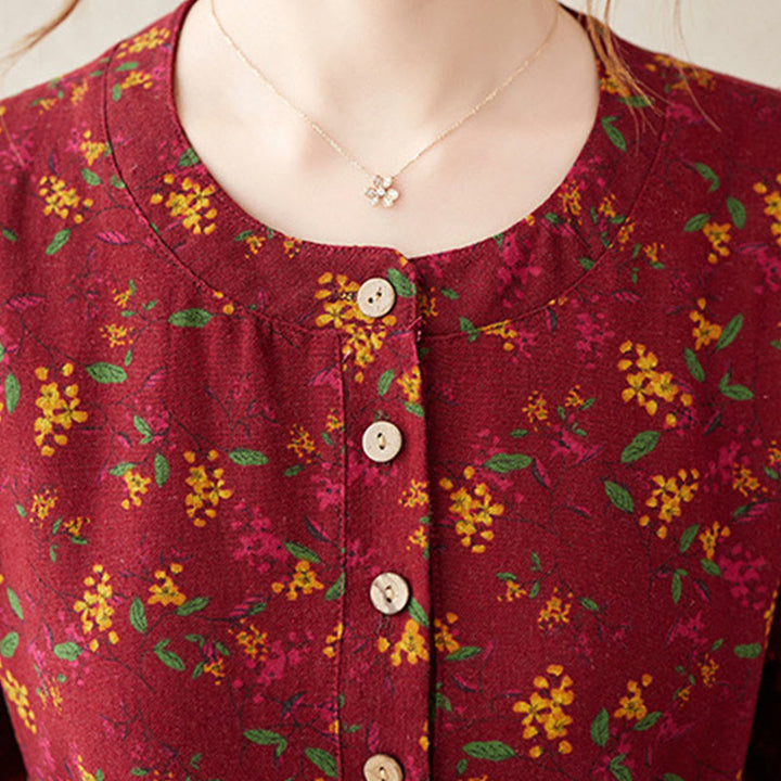 Robe midi à manches longues, imprimée de motifs floraux et de Buddha Stones, avec boutons et poches - image 15