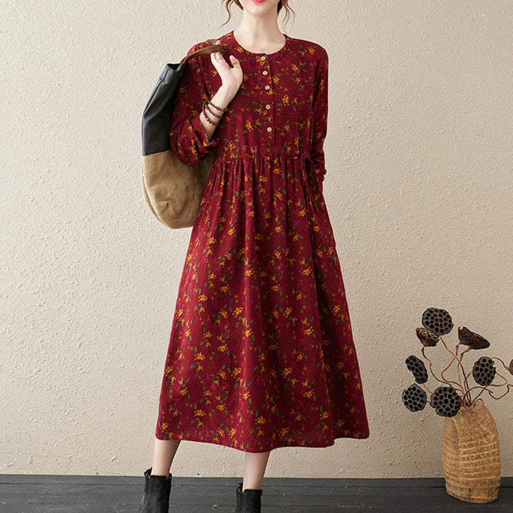 Robe midi à manches longues, imprimée de motifs floraux et de Buddha Stones, avec boutons et poches - image 12