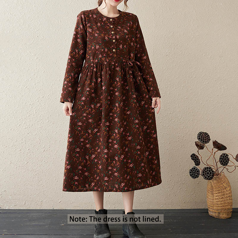 Robe mi-longue en coton et lin avec poches, imprimé ethnique à Buddha Stones et manches longues, boutons - image 2