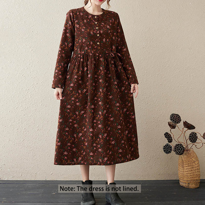 Robe mi-longue en coton et lin avec poches, imprimé ethnique à Buddha Stones et manches longues, boutons - image 2