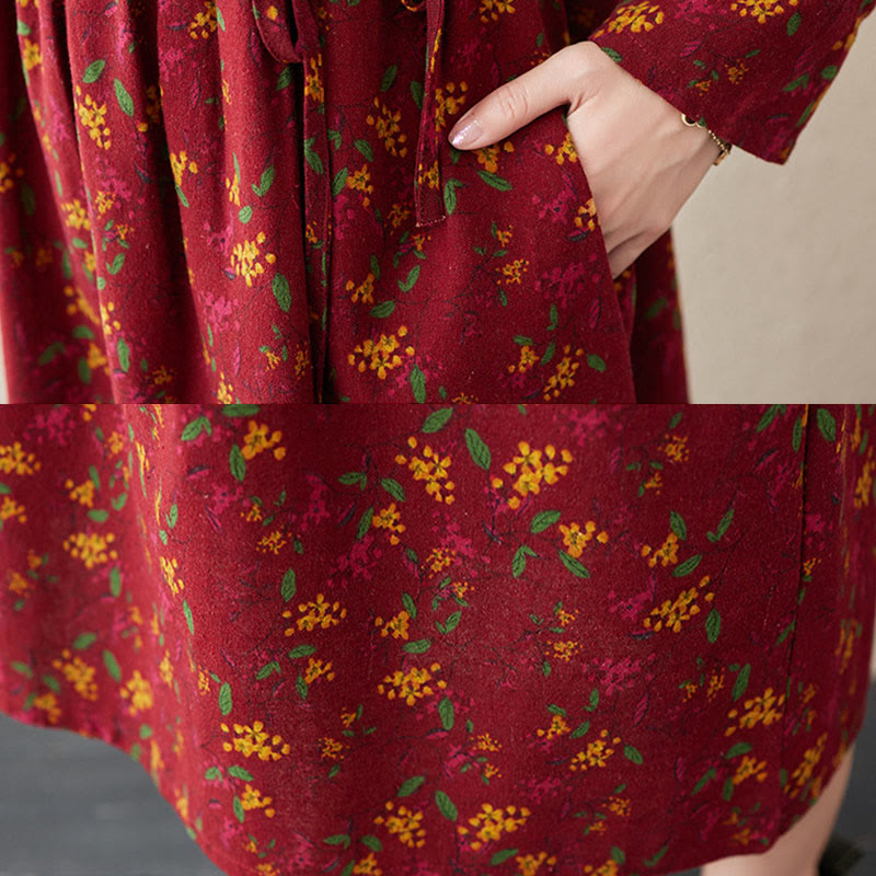 Robe mi-longue en coton et lin avec poches, imprimé ethnique à Buddha Stones et manches longues, boutons - image 20