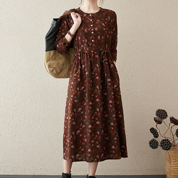 Robe midi à manches longues, imprimée de motifs floraux et de Buddha Stones, avec boutons et poches - image 4