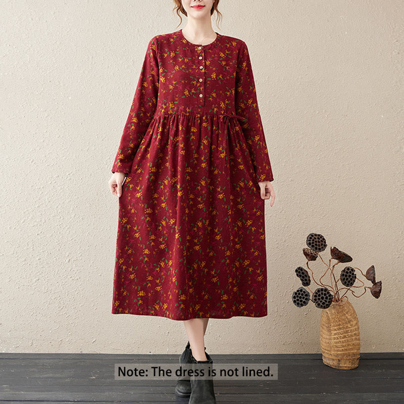 Robe mi-longue en coton et lin avec poches, imprimé ethnique à Buddha Stones et manches longues, boutons - image 12