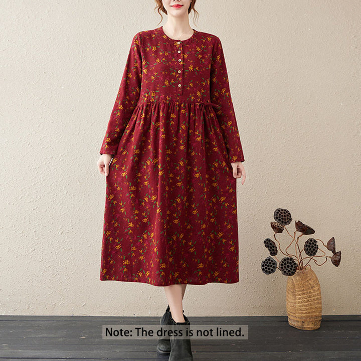 Robe mi-longue en coton et lin avec poches, imprimé ethnique à Buddha Stones et manches longues, boutons - image 12
