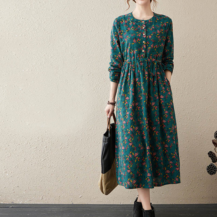 Robe midi à manches longues, imprimée de motifs floraux et de Buddha Stones, avec boutons et poches - image 9
