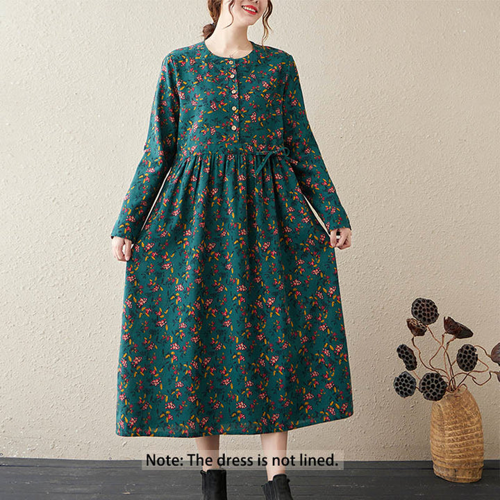 Robe mi-longue en coton et lin avec poches, imprimé ethnique à Buddha Stones et manches longues, boutons - image 7