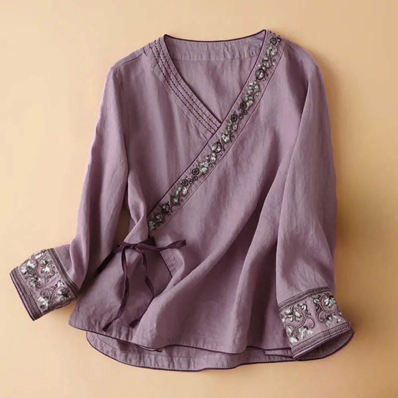Chemise décontractée en coton à manches longues et col incliné avec broderies de Buddha Stones et fleurs pour femme - Orchidée - US12，UK/AU16，EU44 (3XL) - image 7