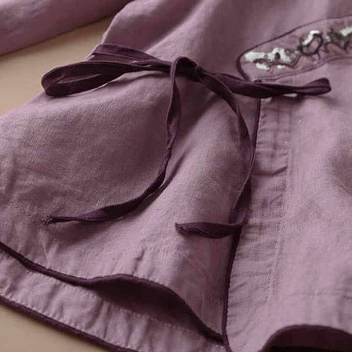 Chemise décontractée en coton à manches longues et col incliné avec broderies de Buddha Stones et fleurs pour femme - image 9