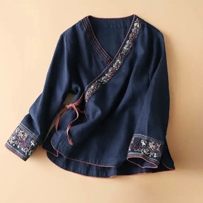 Chemise décontractée en coton à manches longues et col incliné avec broderies de Buddha Stones et fleurs pour femme - Marine - US12，UK/AU16，EU44 (3XL) - image 10