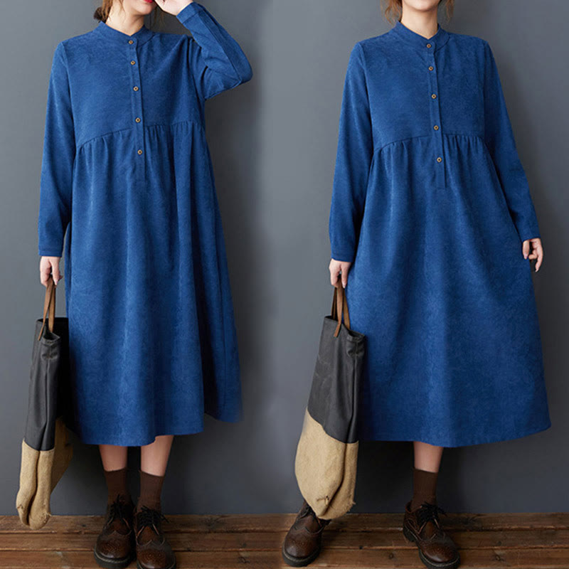 Robe mi-longue en coton et lin thermique à manches longues et poches, avec boutons unis et Buddha Stones - image 19