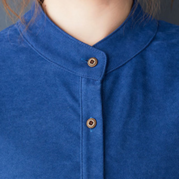 Robe mi-longue en coton et lin thermique à manches longues et poches, avec boutons unis et Buddha Stones - image 16