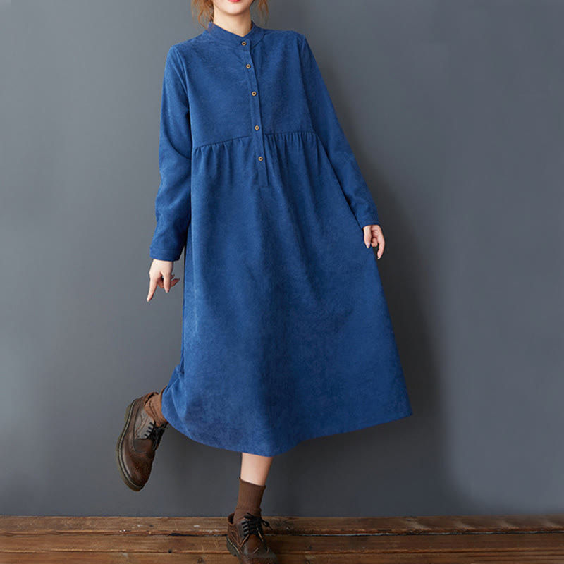 Robe mi-longue en coton et lin thermique à manches longues et poches, avec boutons unis et Buddha Stones - image 15