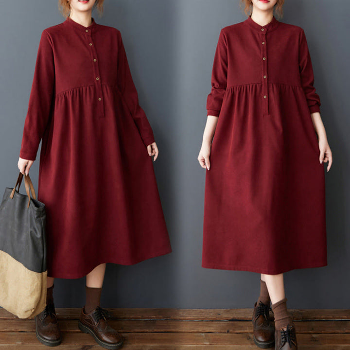 Robe mi-longue en coton et lin thermique à manches longues et poches, avec boutons unis et Buddha Stones - FireBrick - US8-10，UK/AU12-14，EU40-42 (2XL) - image 21