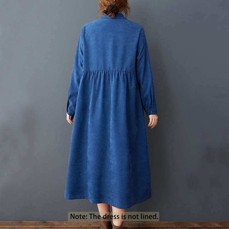 Robe mi-longue en coton et lin thermique à manches longues et poches, avec boutons unis et Buddha Stones - image 15