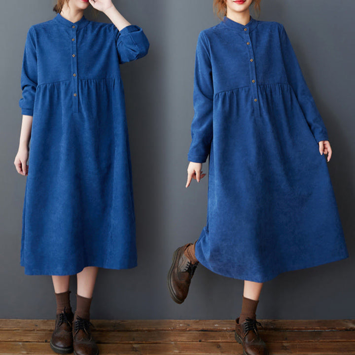 Robe mi-longue en coton et lin thermique à manches longues et poches, avec boutons unis et Buddha Stones - Bleu moyen - US8-10，UK/AU12-14，EU40-42 (2XL) - image 13