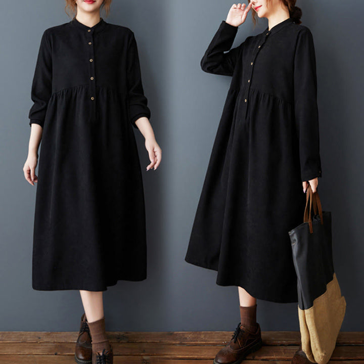 Robe mi-longue en coton et lin thermique à manches longues et poches, avec boutons unis et Buddha Stones - Noir - US8-10，UK/AU12-14，EU40-42 (2XL) - image 0