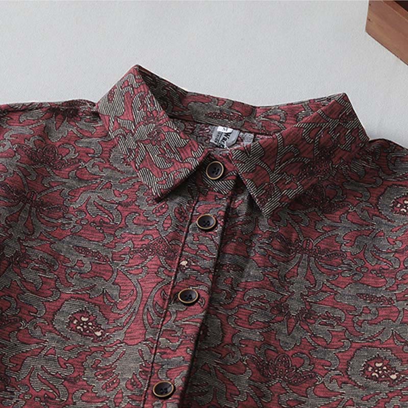 Robe mi-longue à manches longues et poches, en coton et lin, avec imprimé floral marron et Buddha Stones - image 2