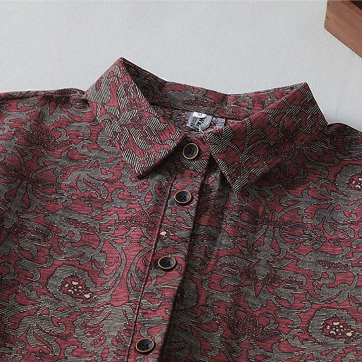 Robe mi-longue à manches longues et poches, en coton et lin, avec imprimé floral marron et Buddha Stones - image 2