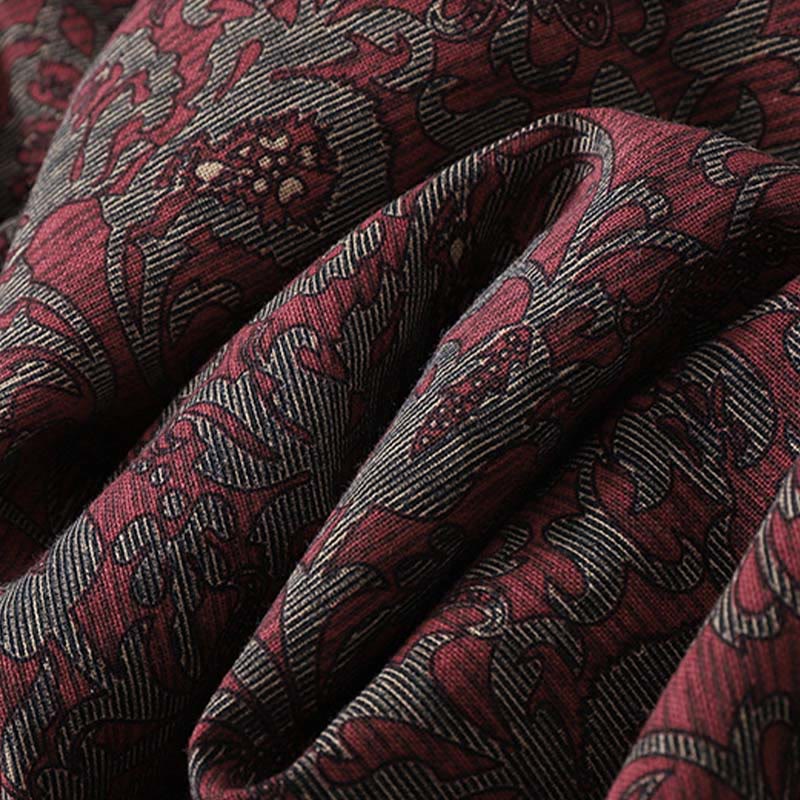 Robe mi-longue à manches longues et poches, en coton et lin, avec imprimé floral marron et Buddha Stones - image 8