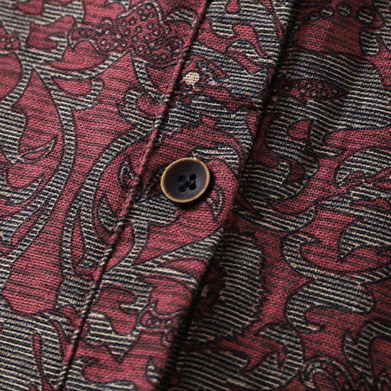 Robe mi-longue à manches longues et poches, en coton et lin, avec imprimé floral marron et Buddha Stones - image 6