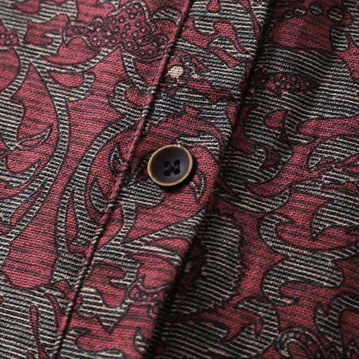 Robe mi-longue à manches longues et poches, en coton et lin, avec imprimé floral marron et Buddha Stones - image 6