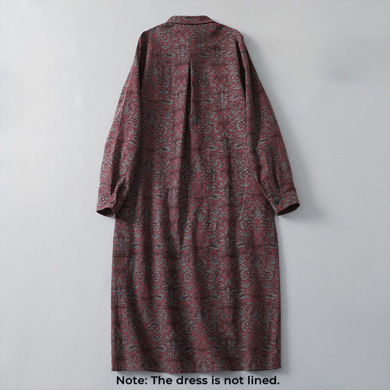 Robe mi-longue à manches longues et poches, en coton et lin, avec imprimé floral marron et Buddha Stones - image 2