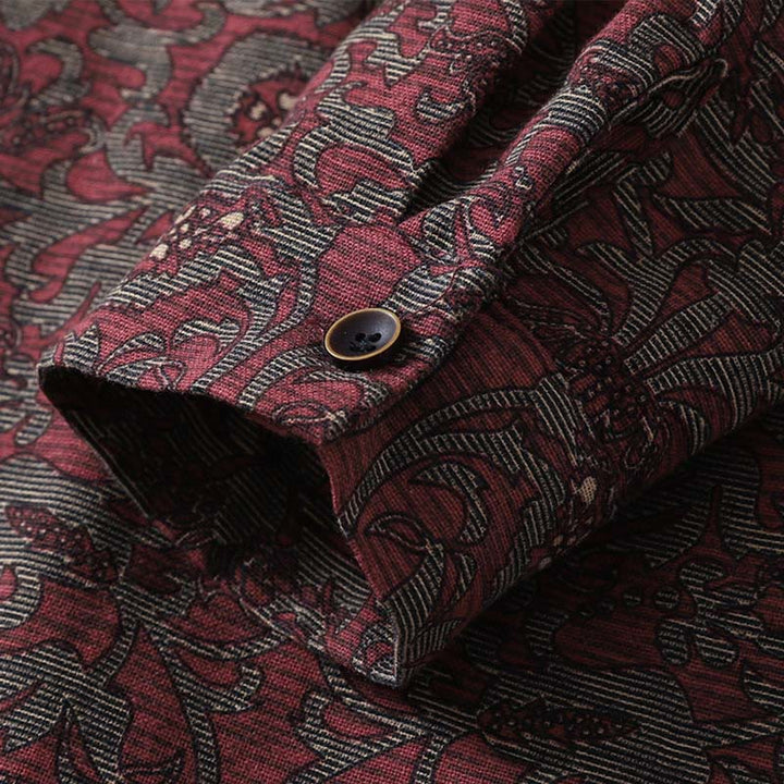 Robe mi-longue à manches longues et poches, en coton et lin, avec imprimé floral marron et Buddha Stones - image 10